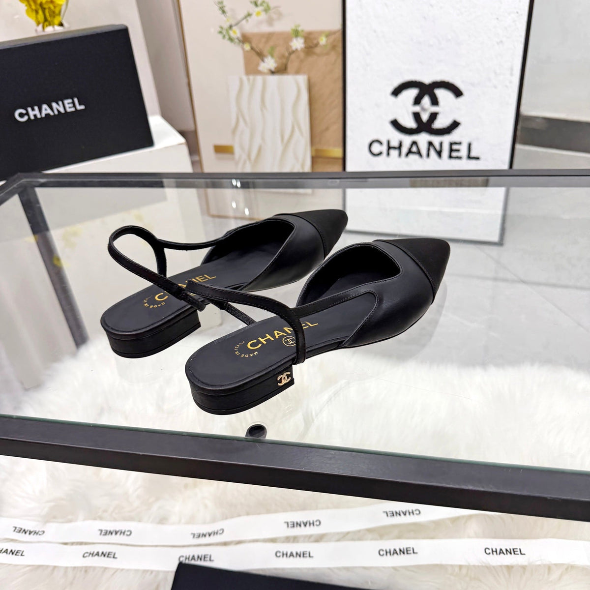 CC Slingback Flats Black Cowhide Leather 873858