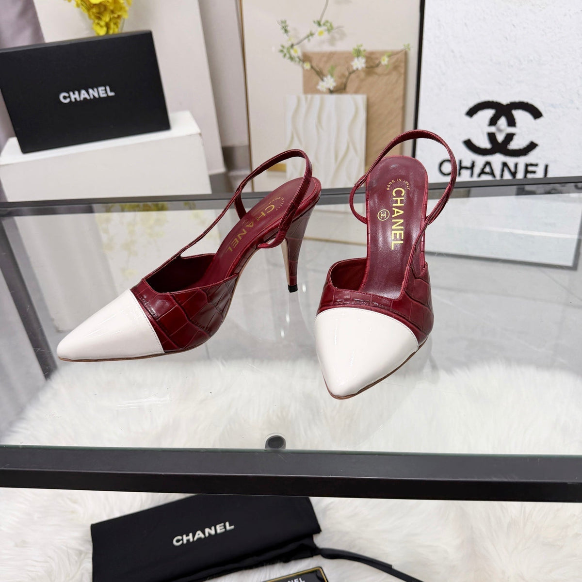 CC Crocodile-Embossed Slingback Pumps Burgundy Cowhide Leather 873843