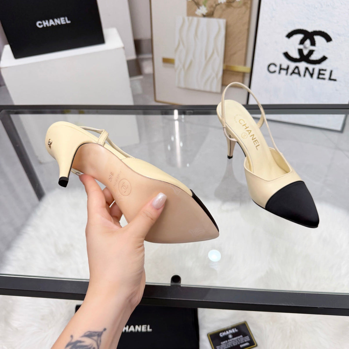 CC Slingback Pumps Beige Cowhide Leather 873845