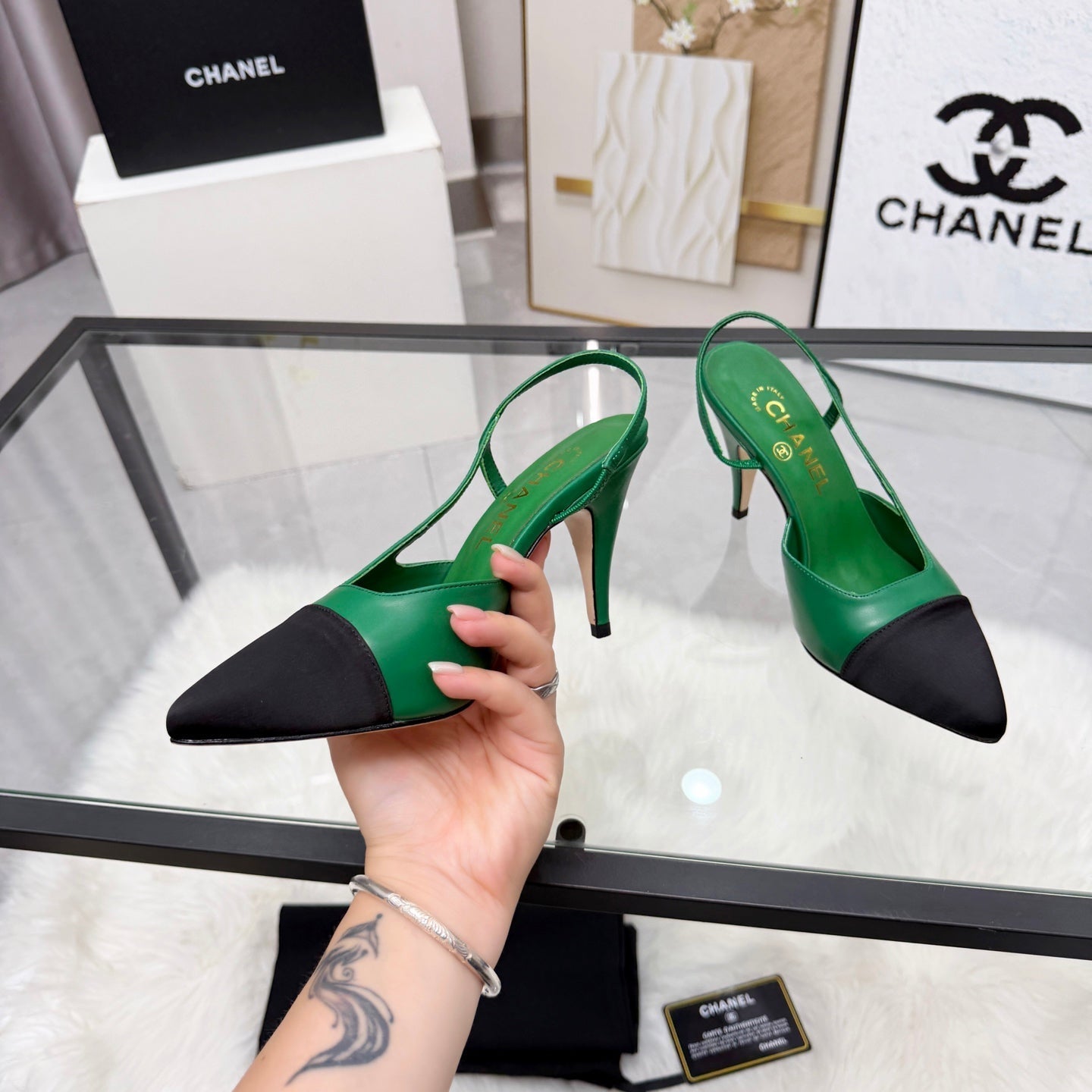 CC Slingback Pumps Green Cowhide Leather 873847