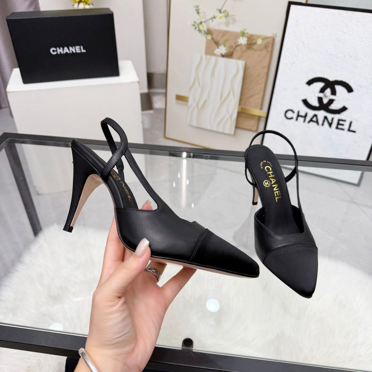 CC Slingback Pumps Black Cowhide Leather 873849