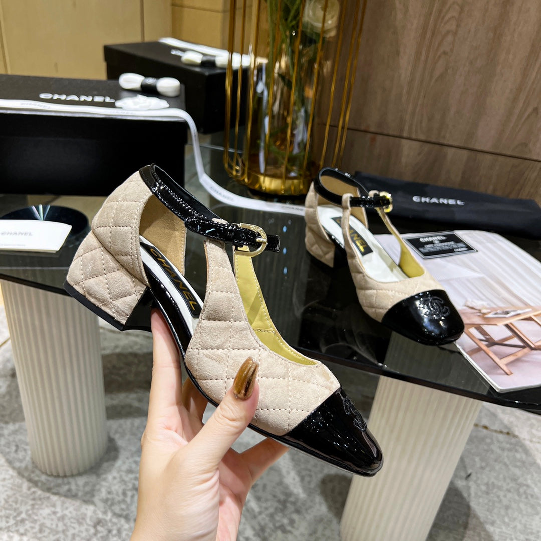 CC Square Toe Mary Jane Pumps Black Beige Suede Leather 875286