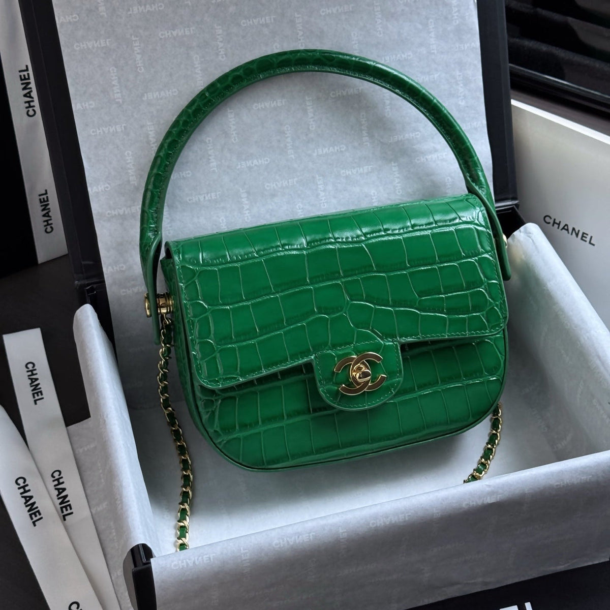CC Mini Flap Bag with Top Handle Green Crocodile Embossed Calfskin