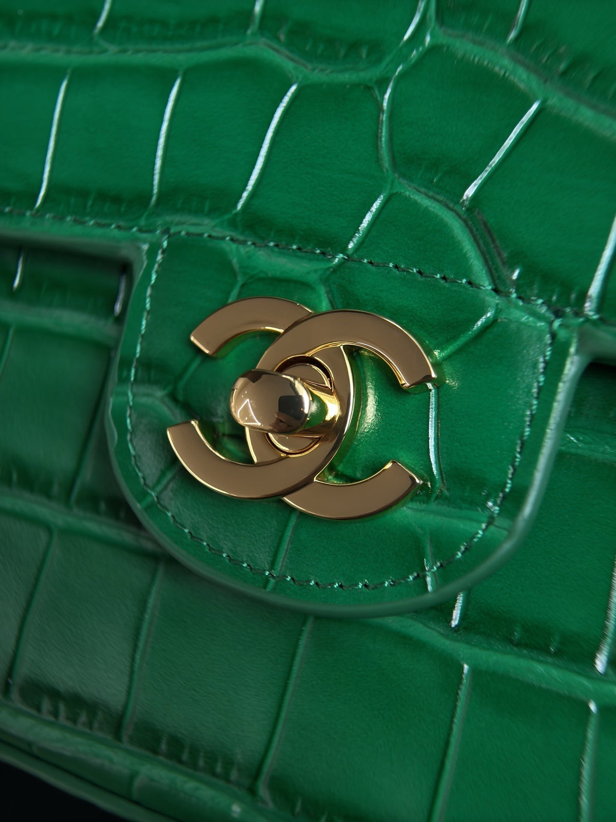 CC Mini Flap Bag with Top Handle Green Crocodile Embossed Calfskin