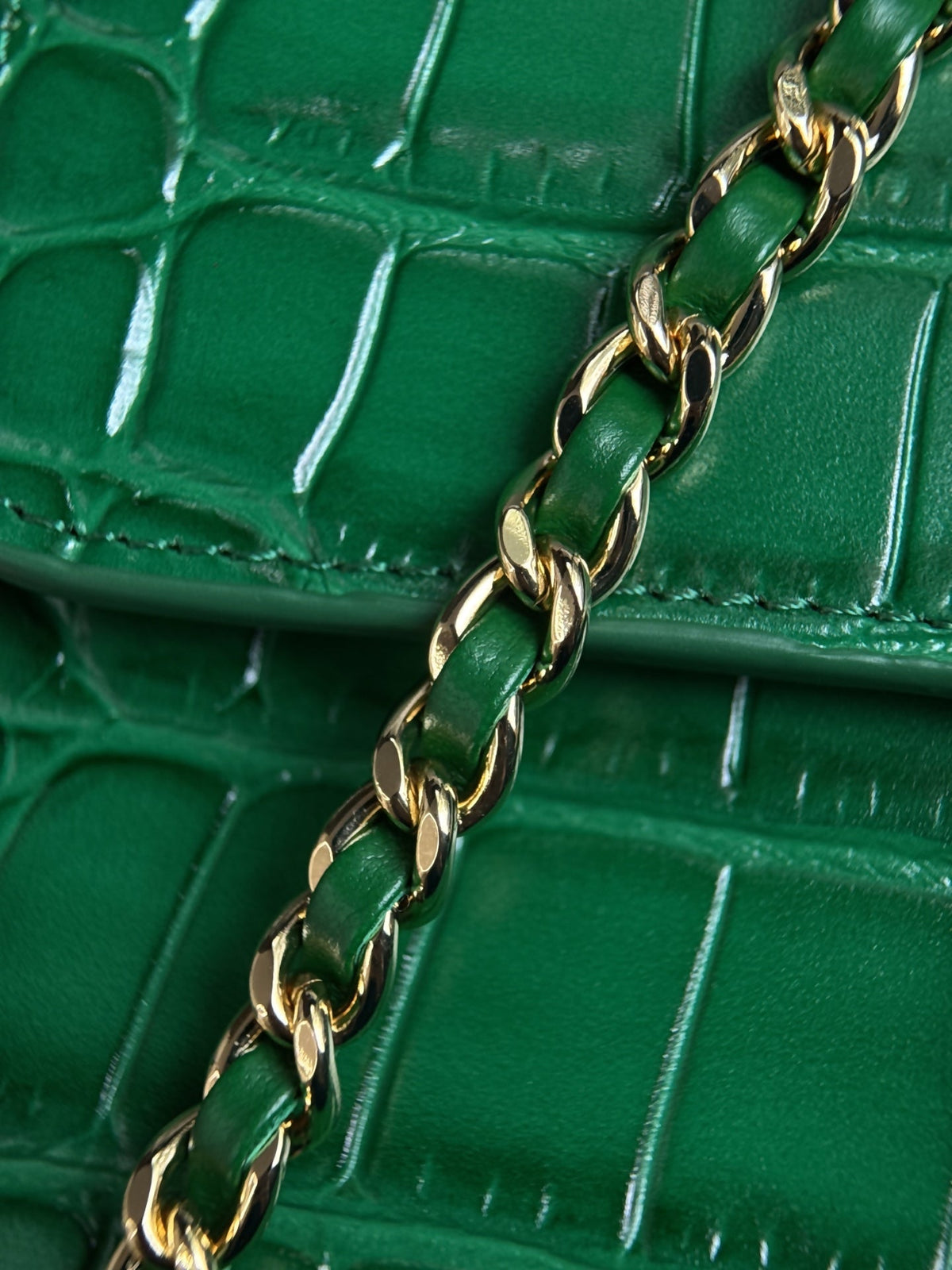 CC Mini Flap Bag with Top Handle Green Crocodile Embossed Calfskin