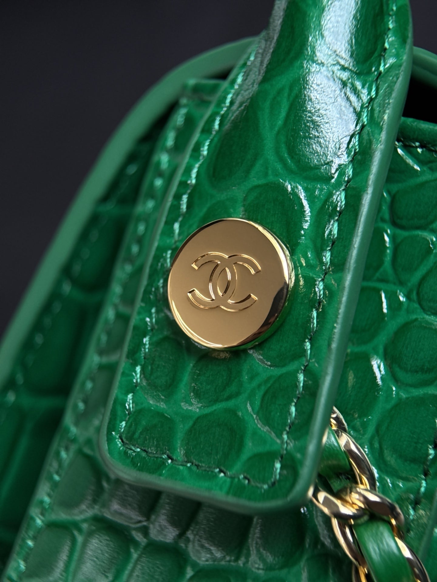 CC Mini Flap Bag with Top Handle Green Crocodile Embossed Calfskin