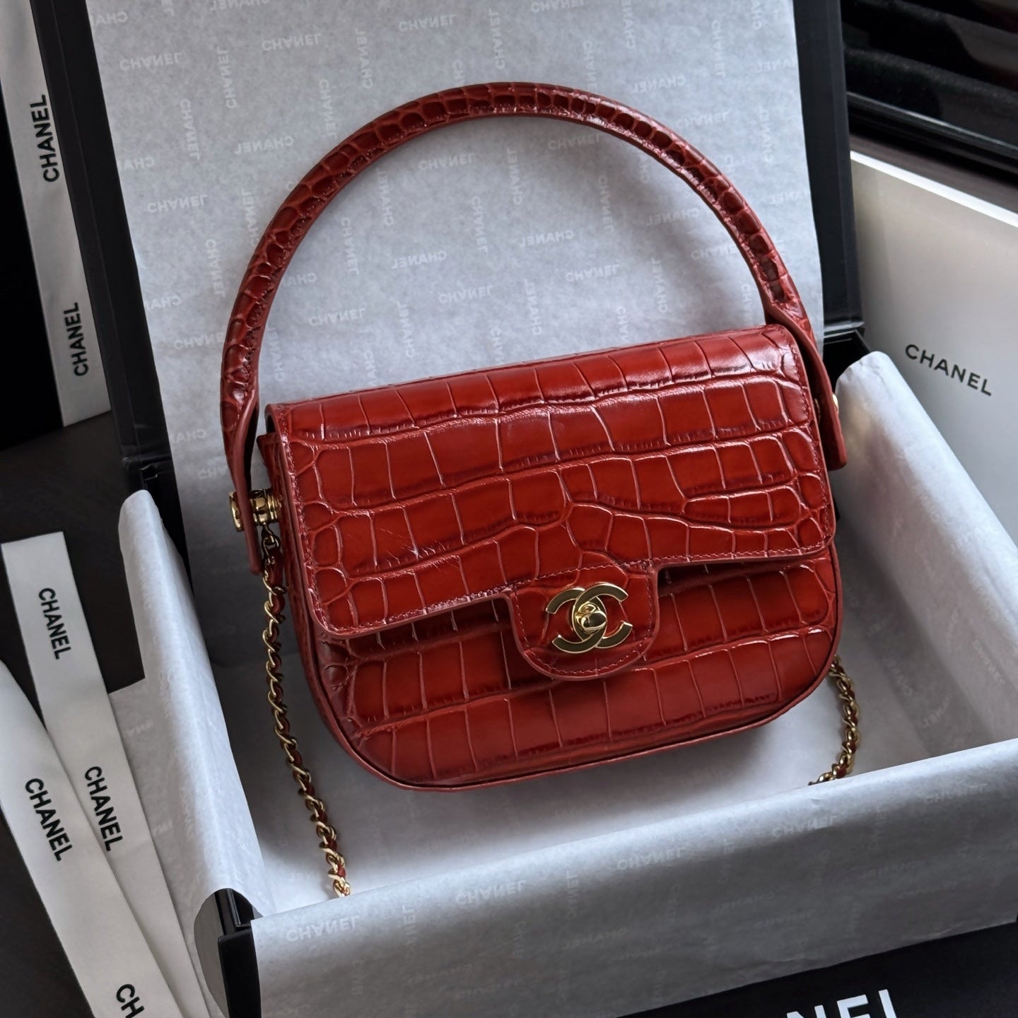 CC Mini Flap Bag with Top Handle Red Crocodile Embossed Calfskin