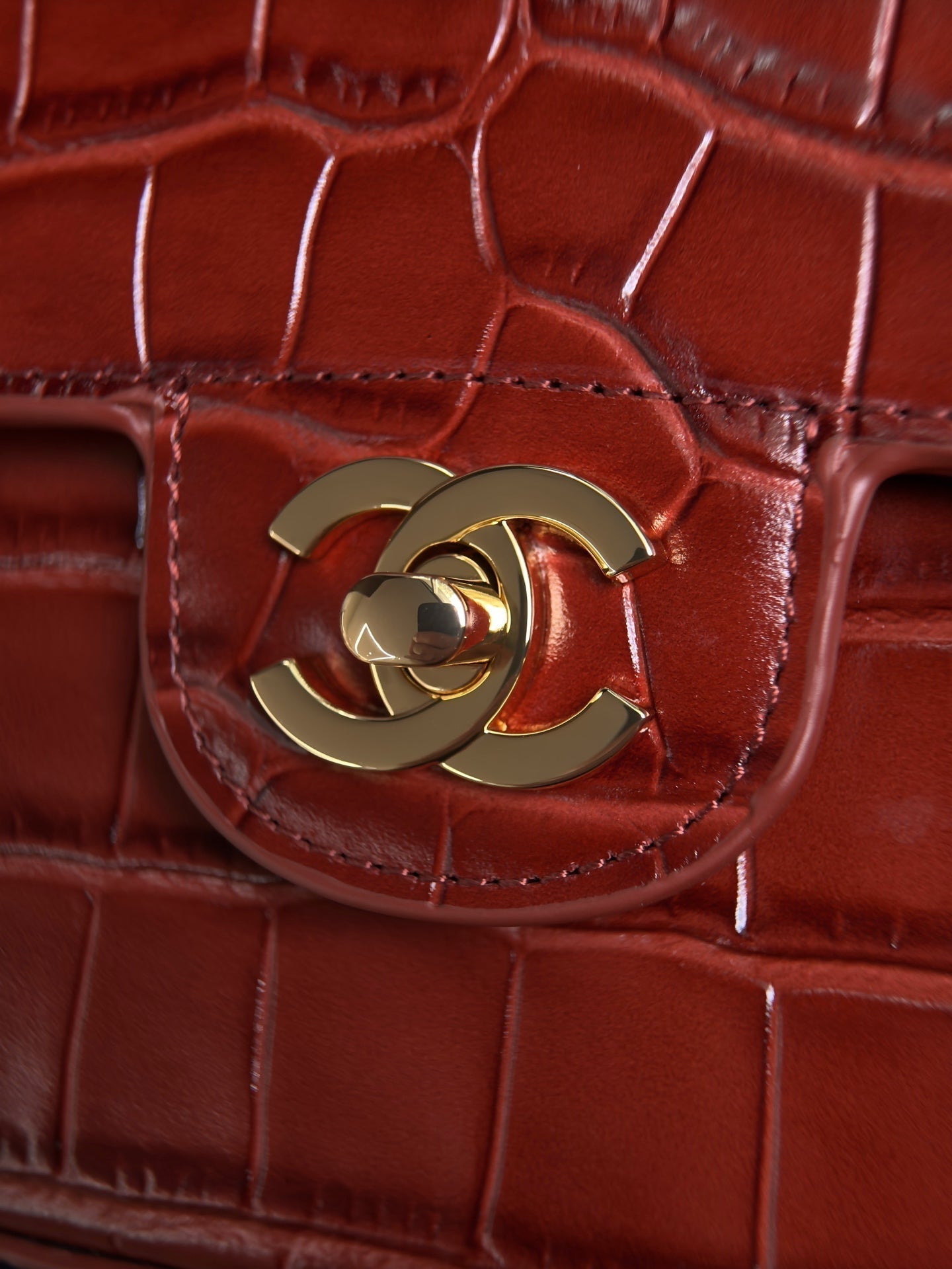 CC Mini Flap Bag with Top Handle Red Crocodile Embossed Calfskin