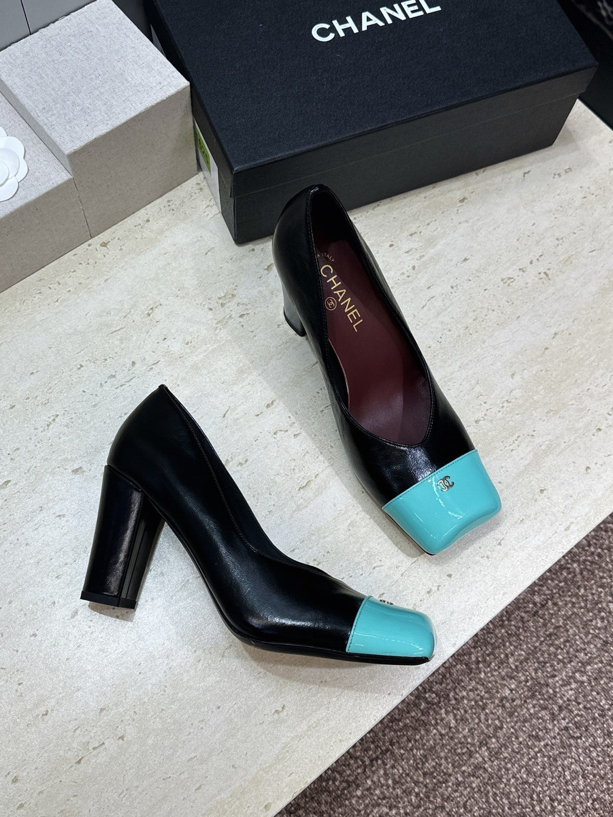CC Square Toe Block Heel Pumps 90mm Black Teal Patent Leather 896863