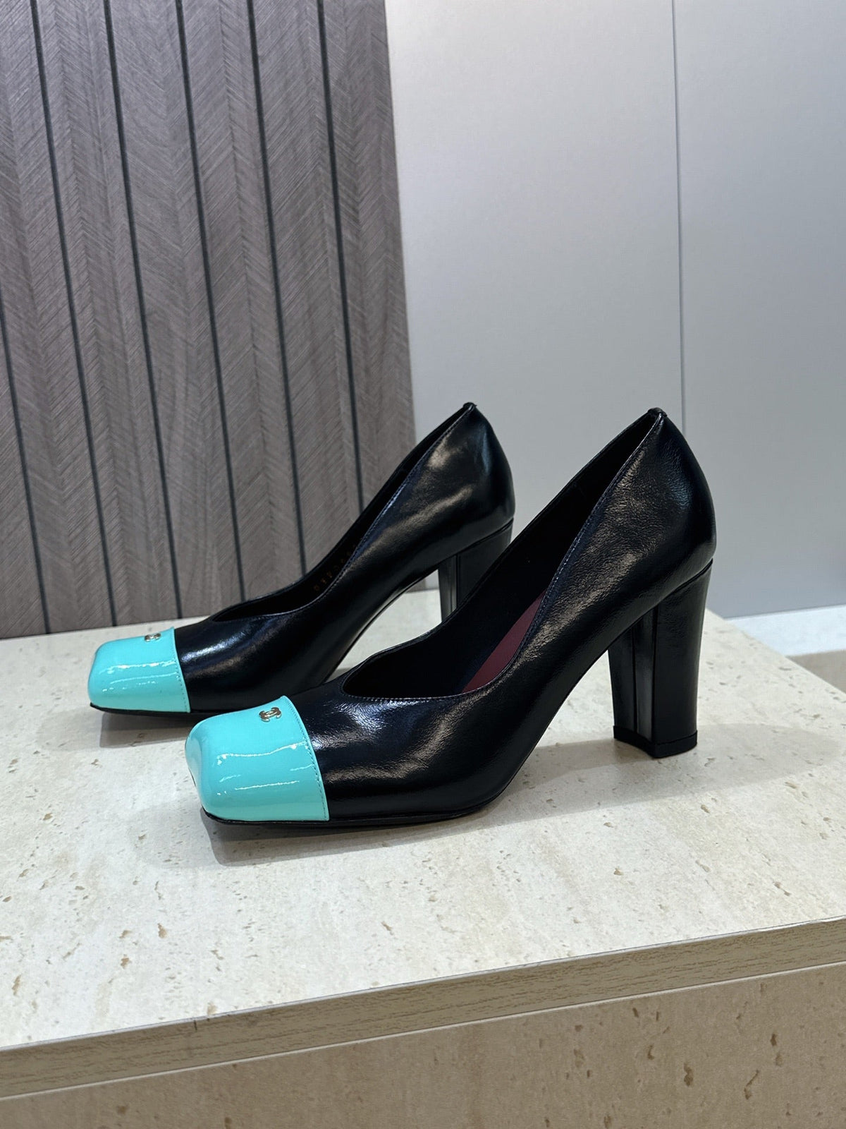CC Square Toe Block Heel Pumps 90mm Black Teal Patent Leather 896863