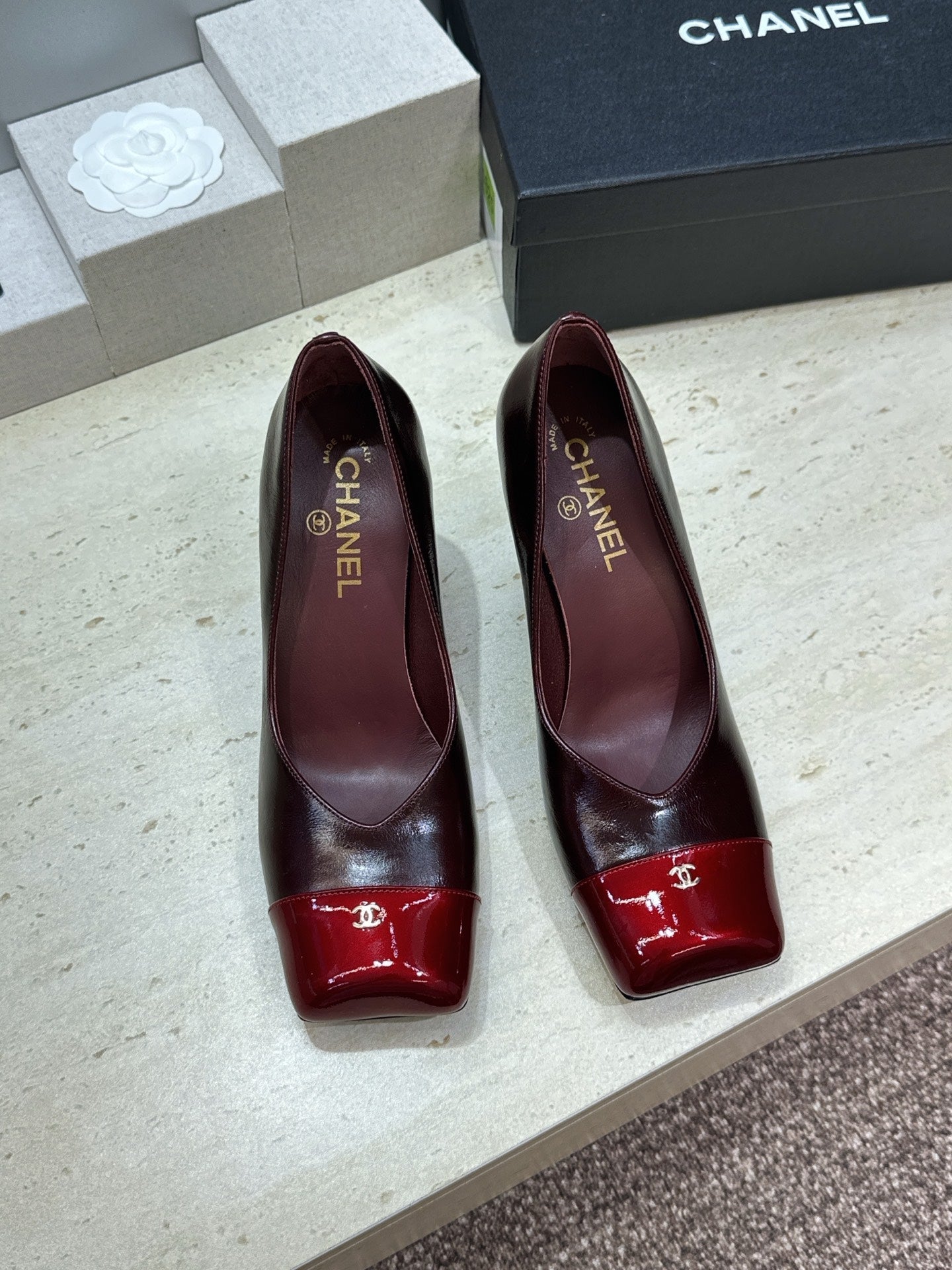 CC Square Toe Block Heel Pumps 90mm Burgundy Patent Leather 896862