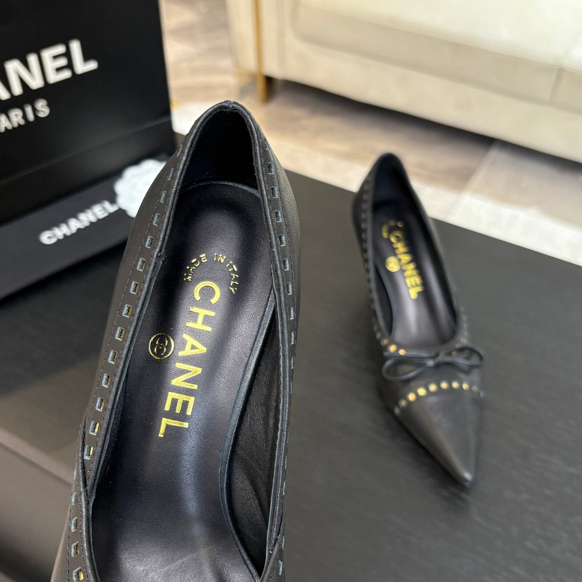 CC Bow Pointed Toe Pumps 6.5cm Black Leather 912934
