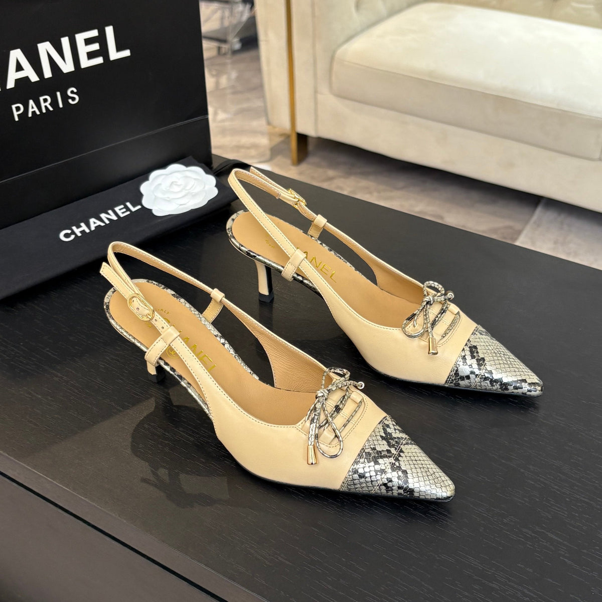 CC Snake Print Cap Toe Bow Slingback Pumps 6.5cm Beige Leather 912931