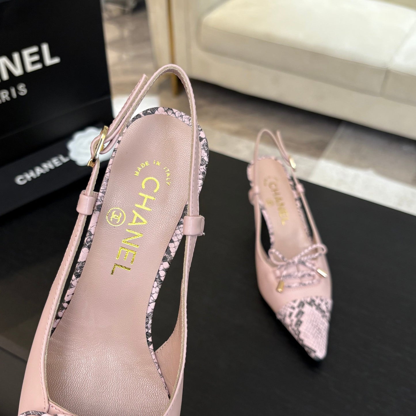 CC Snake Print Cap Toe Bow Slingback Pumps 6.5cm Pink Leather 912930
