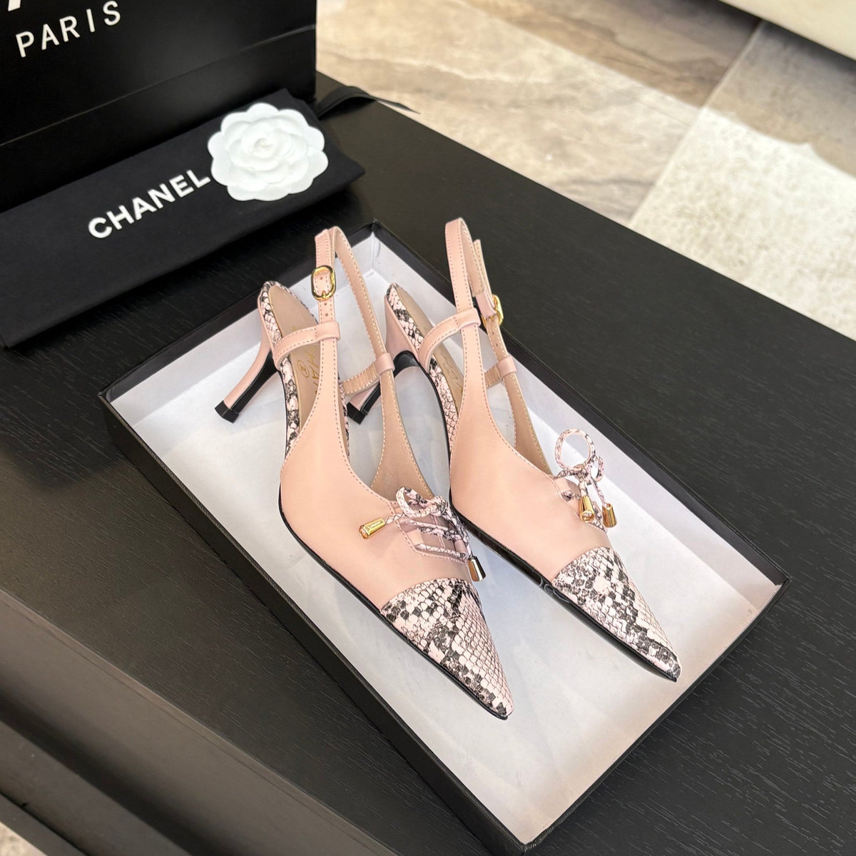 CC Snake Print Cap Toe Bow Slingback Pumps 6.5cm Pink Leather 912930