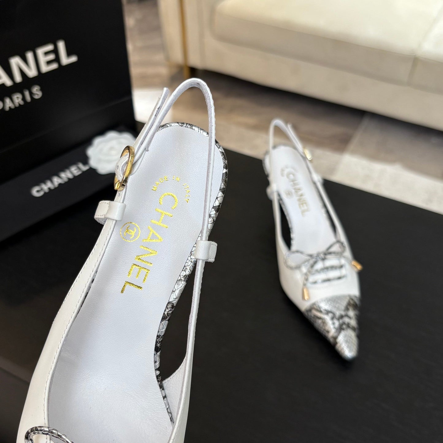 CC Snake Print Cap Toe Bow Slingback Pumps 6.5cm White Leather 912928