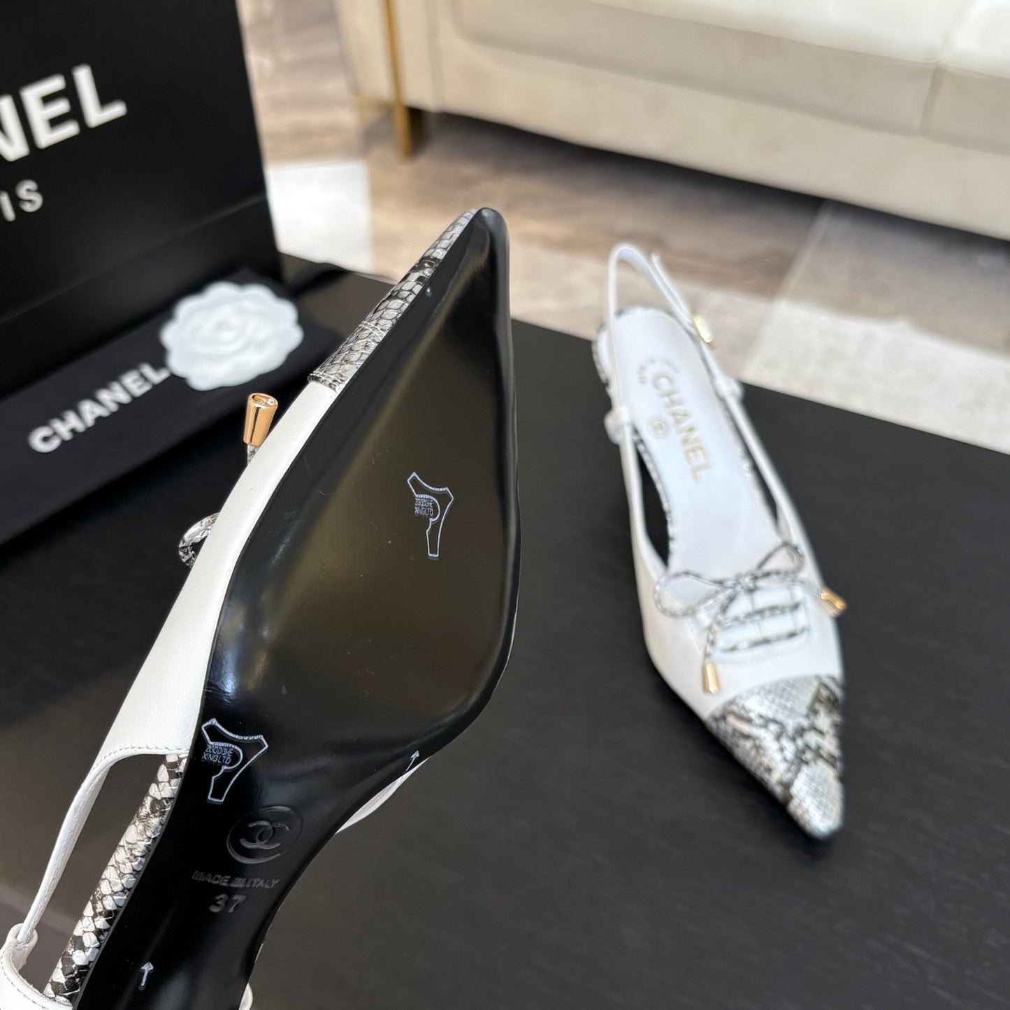 CC Snake Print Cap Toe Bow Slingback Pumps 6.5cm White Leather 912928