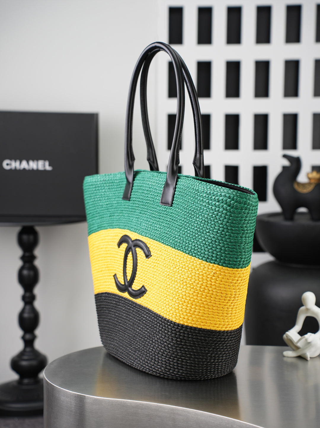 CC Coco Beach Maxi Shopping 58cm Bag Green Yellow Black Braided Raffia 162468