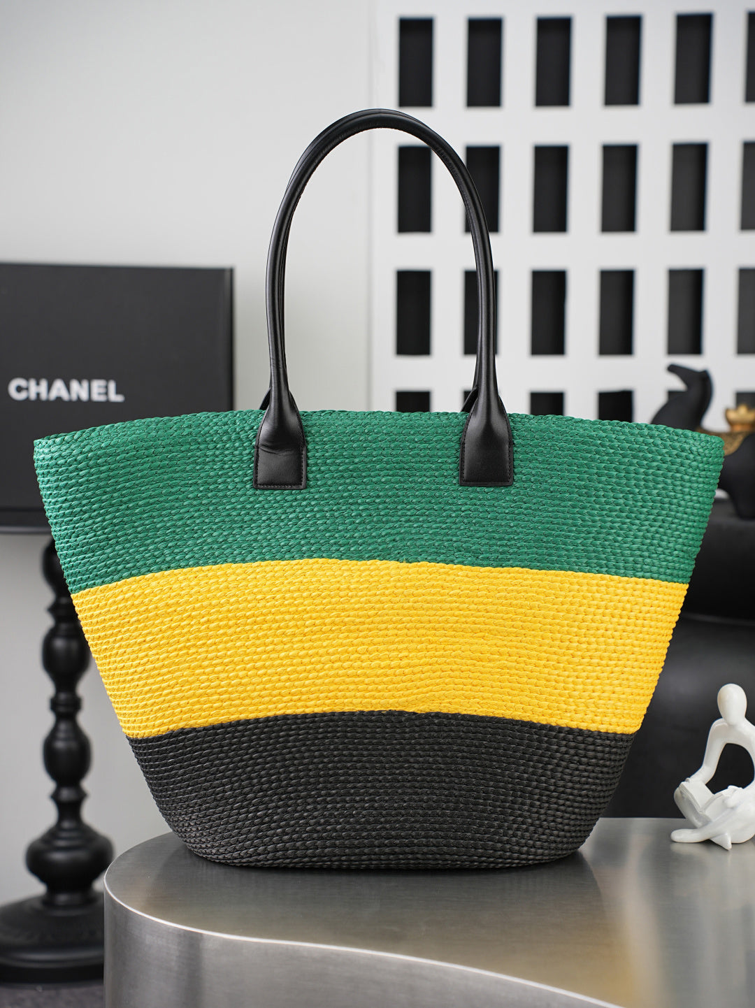 CC Coco Beach Maxi Shopping 58cm Bag Green Yellow Black Braided Raffia 162468