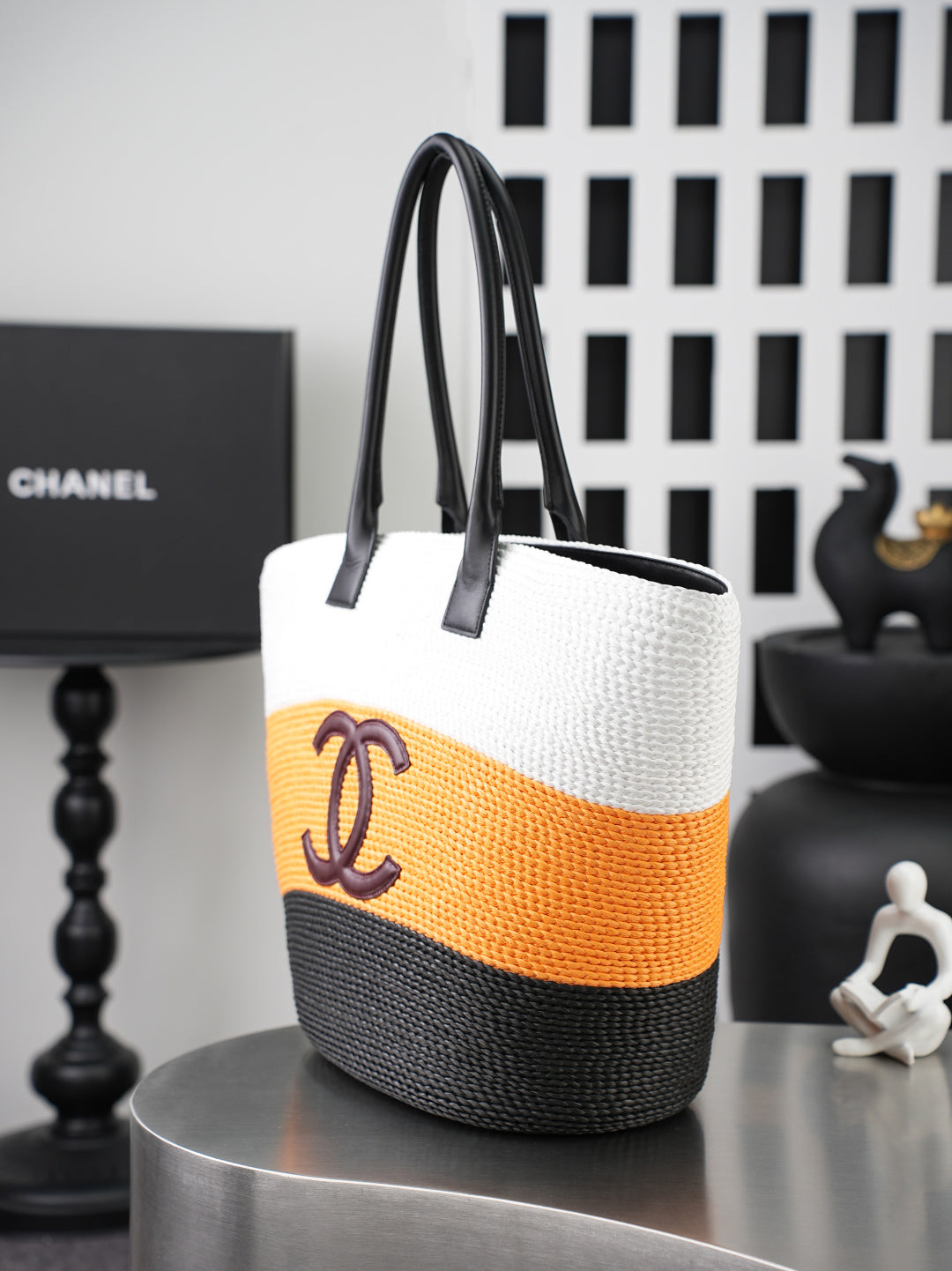 CC Coco Beach Maxi Shopping 58cm Bag White Orange Black Braided Raffia 162466