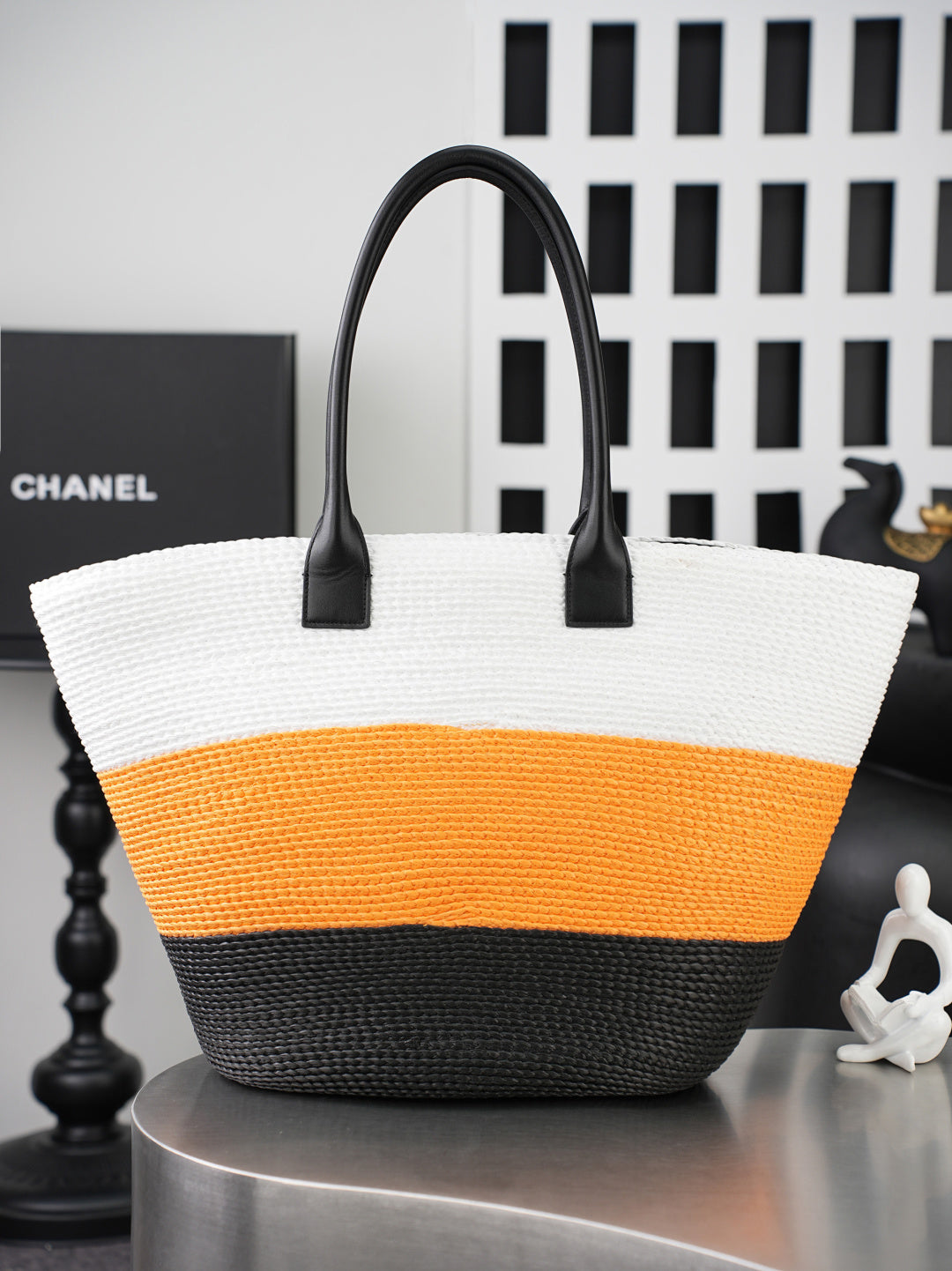 CC Coco Beach Maxi Shopping 58cm Bag White Orange Black Braided Raffia 162466