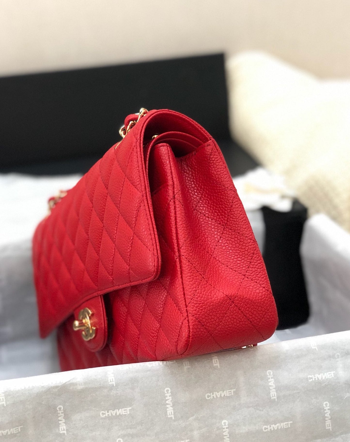 CC Double Flap Bag 25cm Red Quilted Caviar Leather 178751