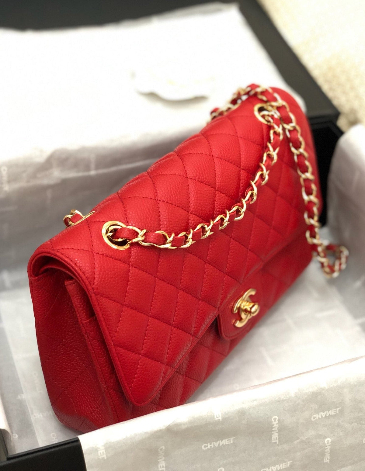 CC Double Flap Bag 25cm Red Quilted Caviar Leather 178751