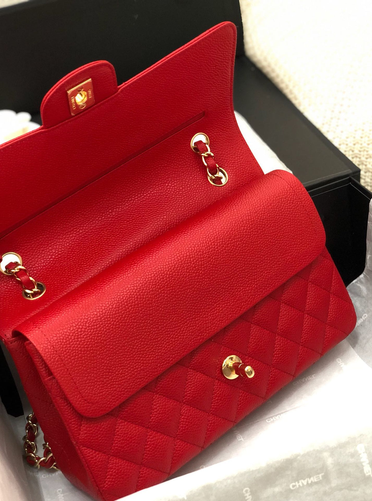 CC Double Flap Bag 25cm Red Quilted Caviar Leather 178751