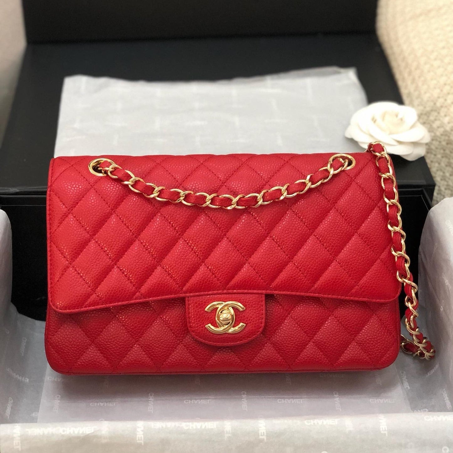 CC Double Flap Bag 25cm Red Quilted Caviar Leather 178751