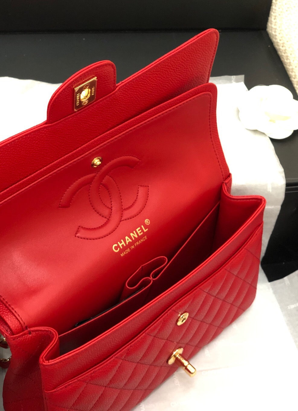 CC Double Flap Bag 25cm Red Quilted Caviar Leather 178751