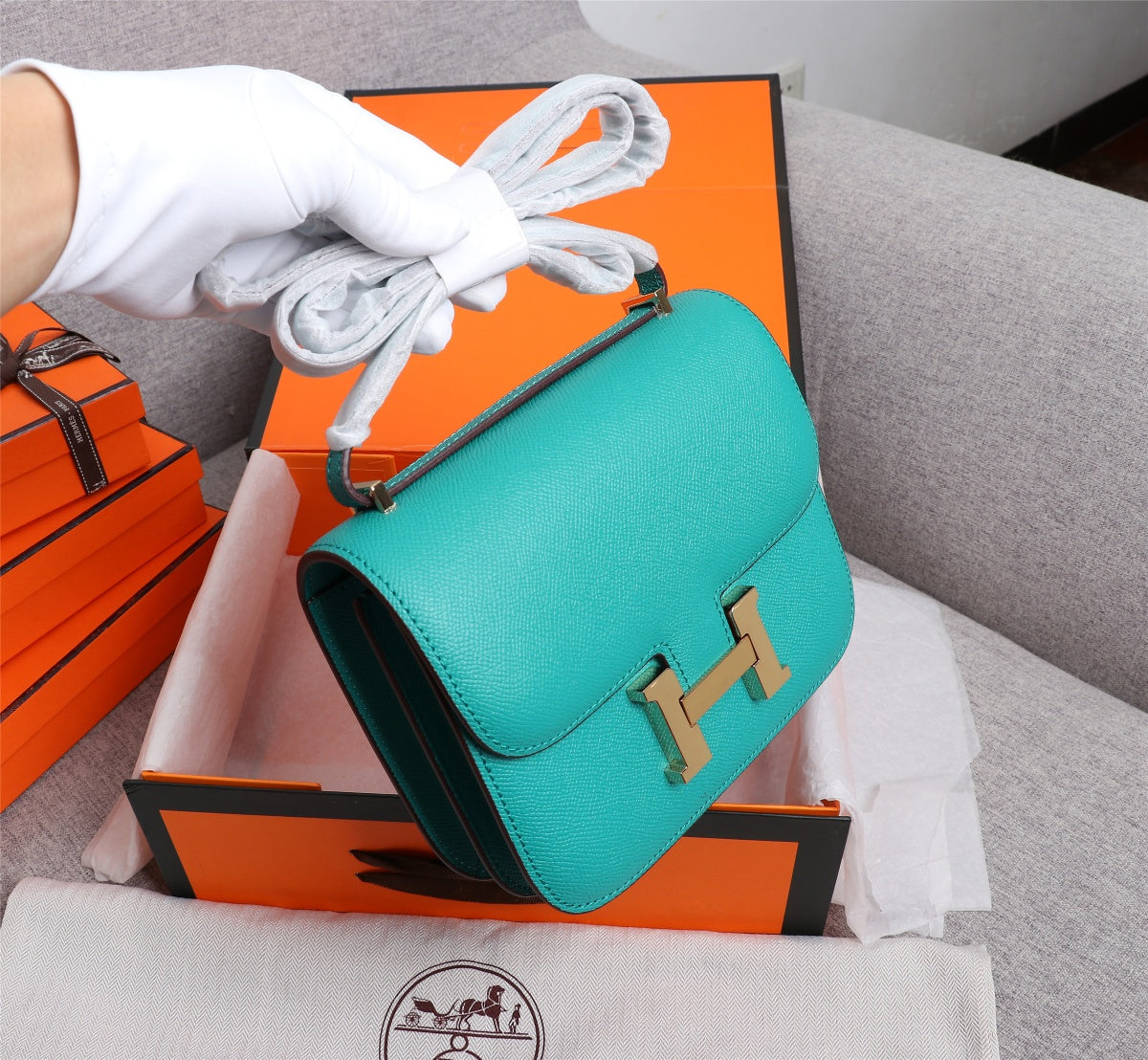 HM CONSTANCE BAG 19 TURQUOISE EPSOM GOLD HARDWARE