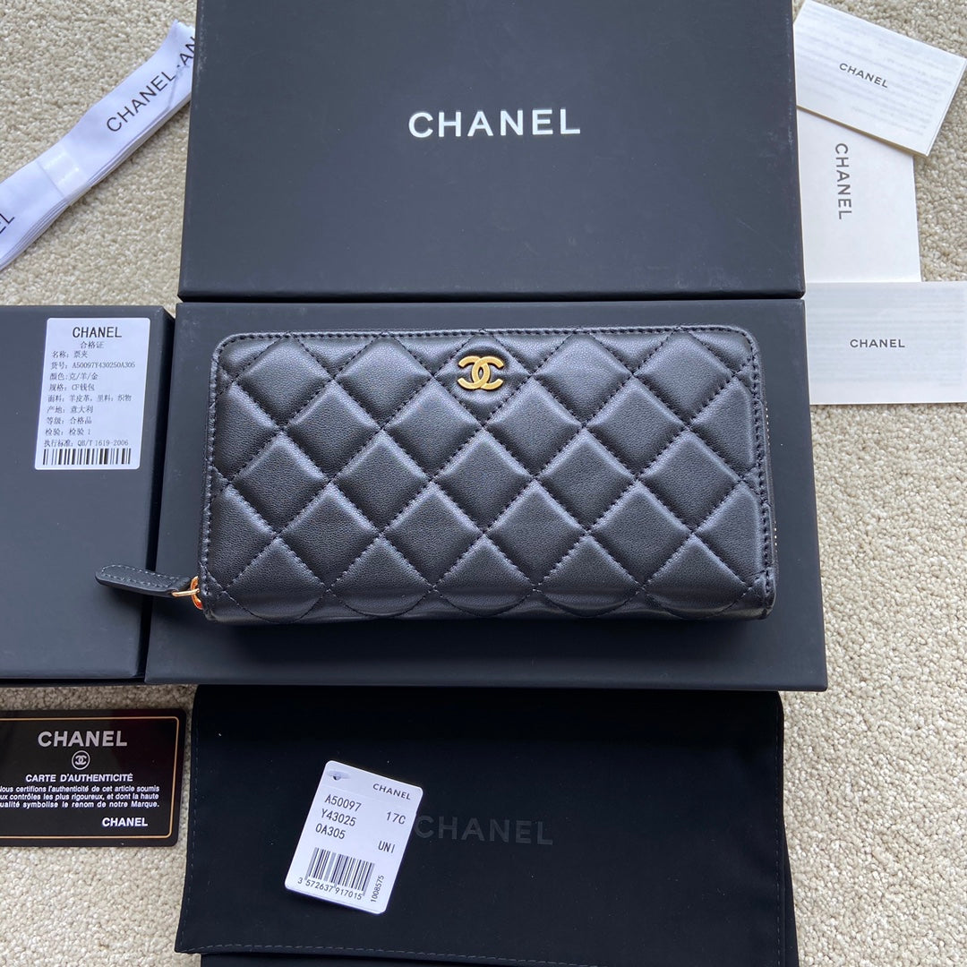 CC A50097 Classic Zipper Wallet Black Lambskin GHW 229662