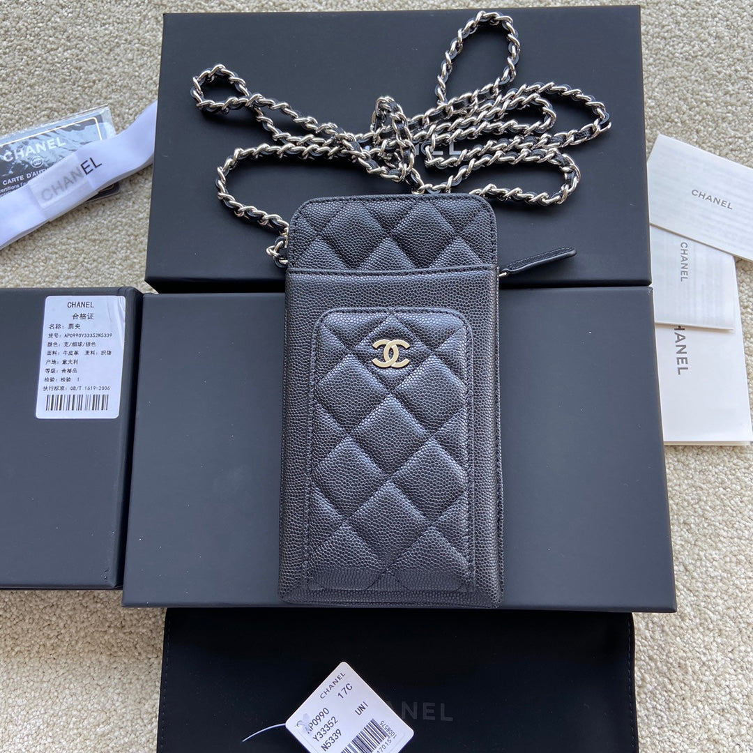 CC Compact Double Pouch Black Caviar Sliver Steel 229639