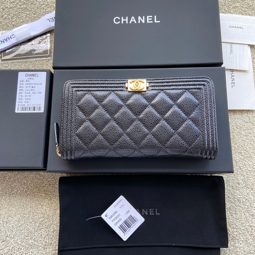 CC Gold Buckle Boy Zipper Coin Wallet Black Caviar 229739