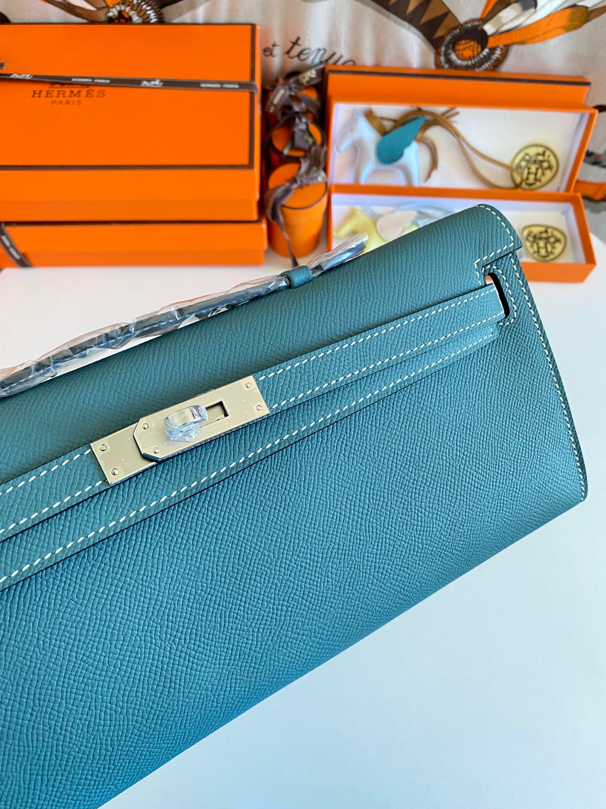 HM Kelly Cut 31 Teal Blue Epsom Leather Silver Hardware 229063