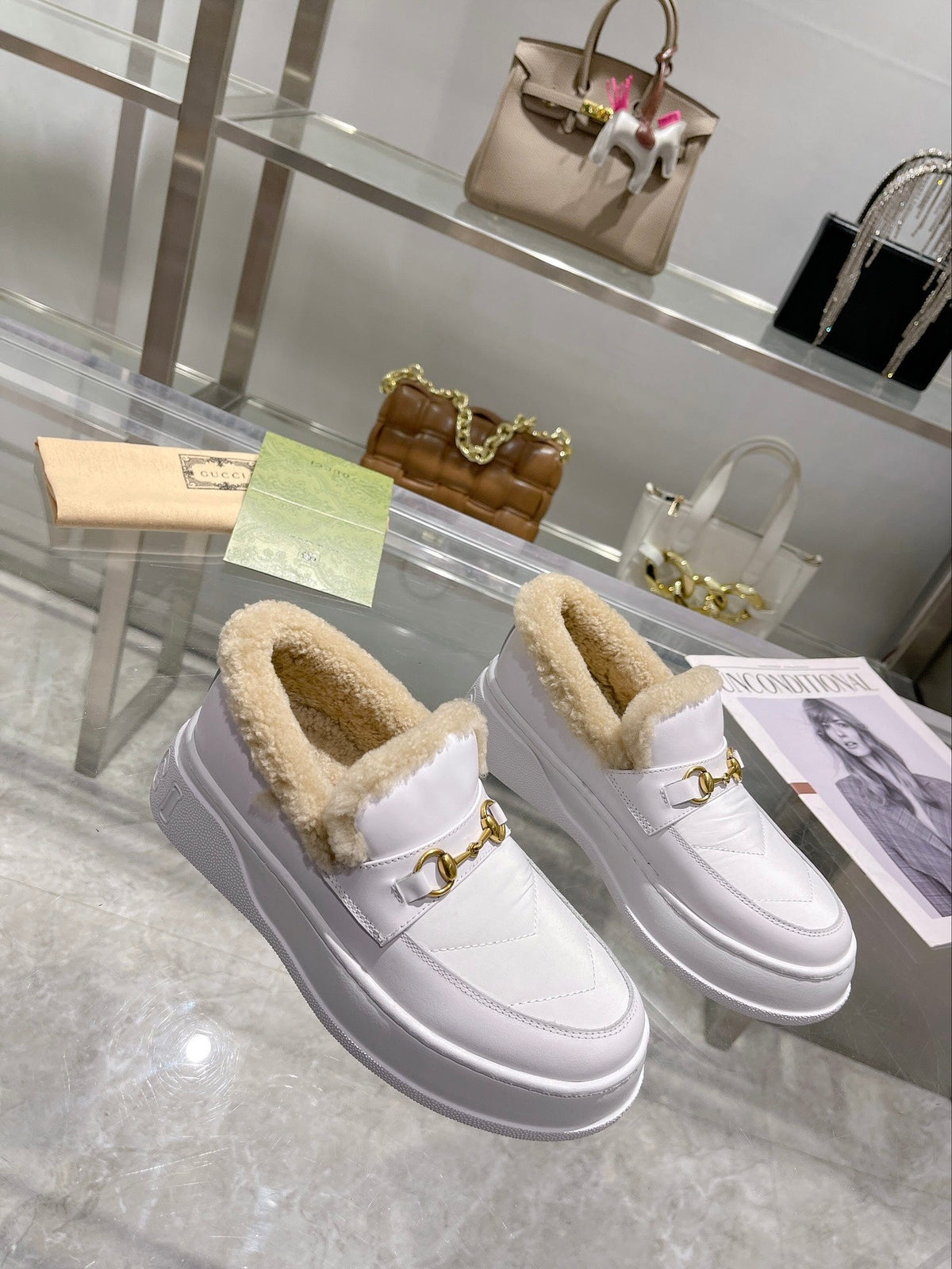 GG Snow Boots White Calfskin Wool 576243