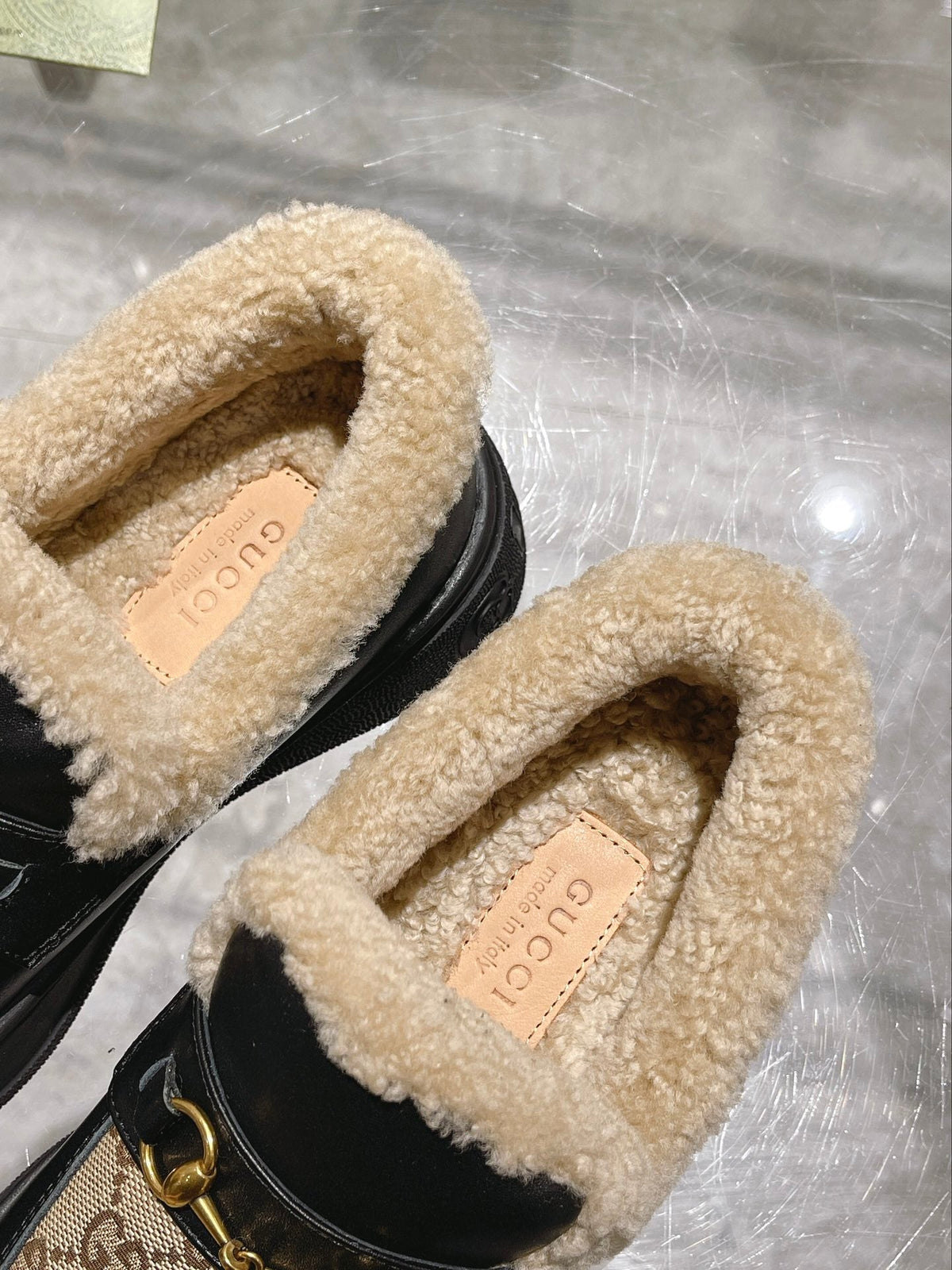 GG Snow Boots Black Beige Calfskin Denim Wool 576250