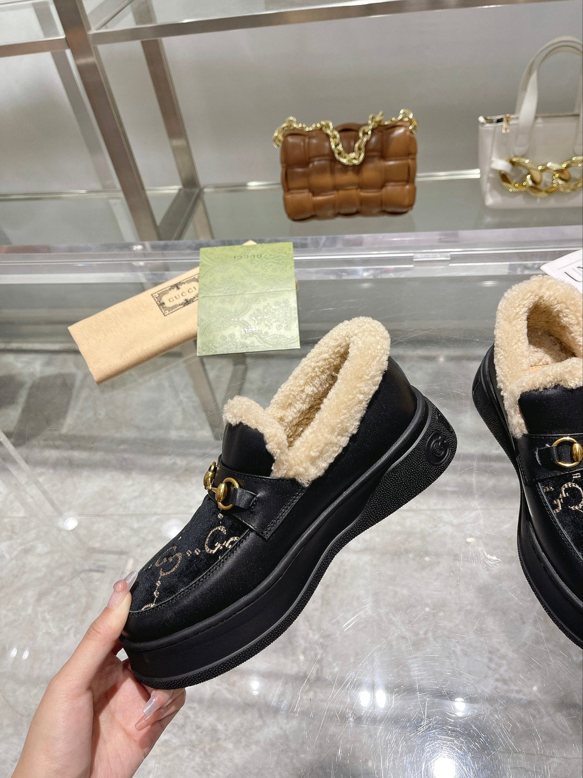 GG Snow Boots Black Calfskin Suede Wool 576251