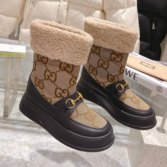Gucci 2025 Monogram Boot Black Beige Wool Canvas Calfskin 564685