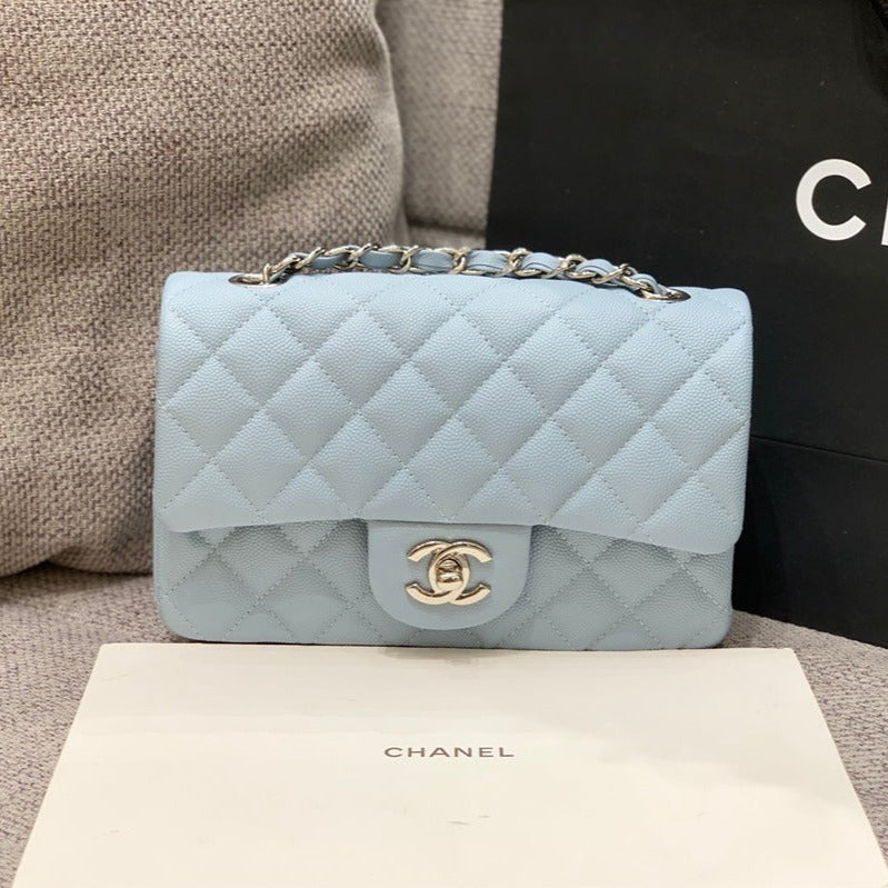 flap bag mini 20cm light cloud blue caviar silver hardware