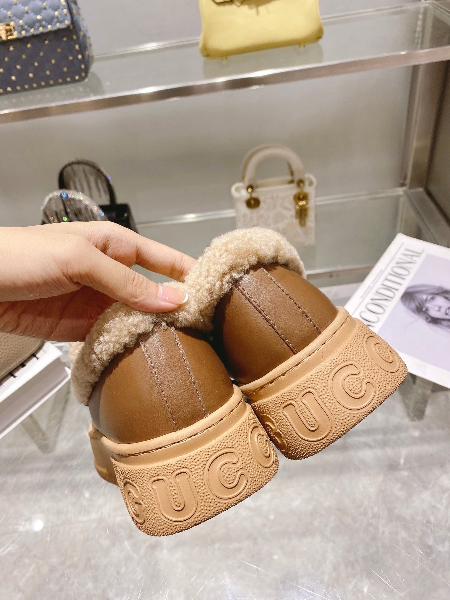 GG Snow Boots Brown Calfskin Wool 576240