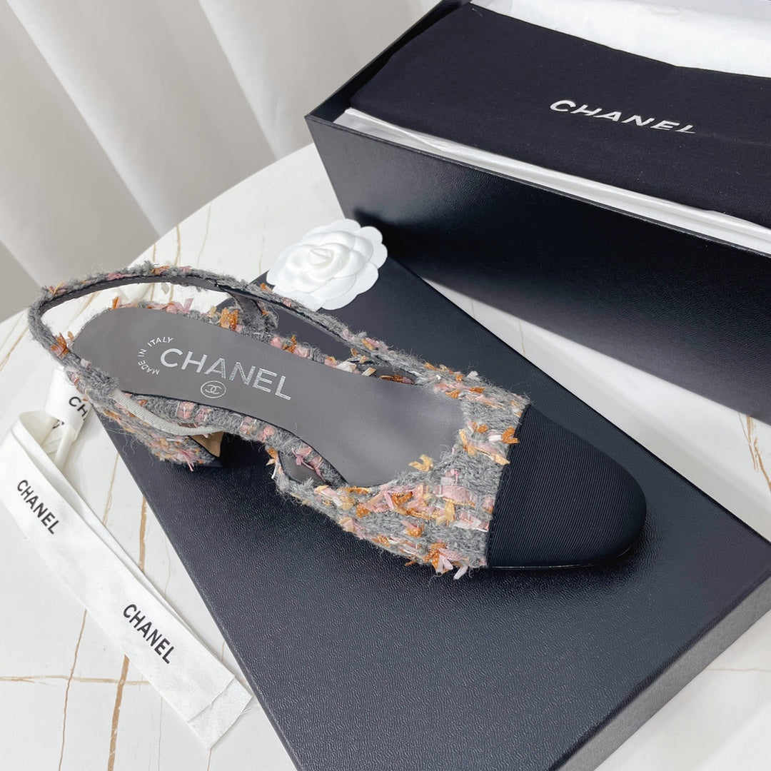 Chanel 26s High-Heel Slingbacks 65 Mm In Black Mix Grey Tweed