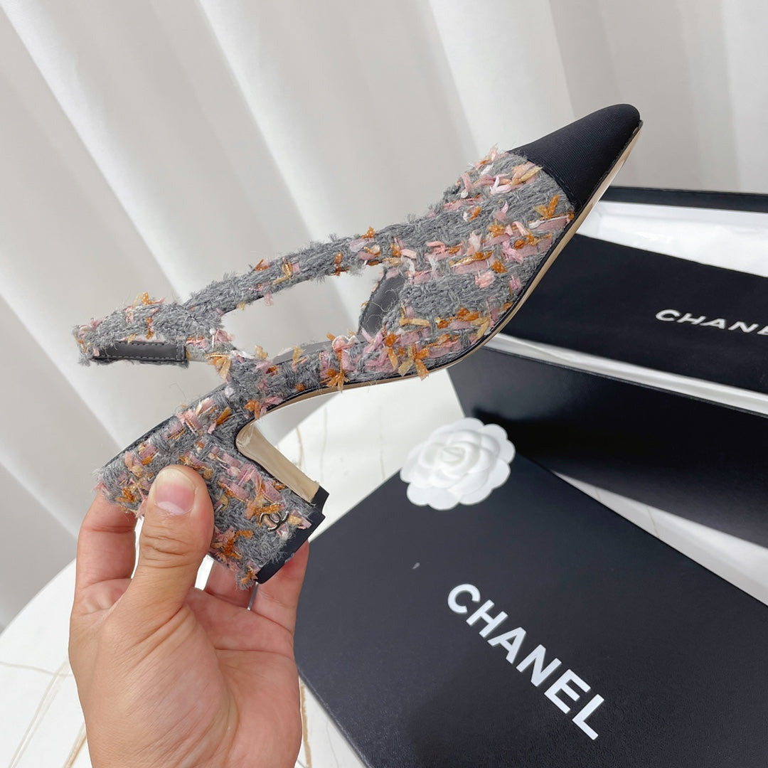 CC 26s High-Heel Slingbacks 6.5cm Black Mix Grey Tweed