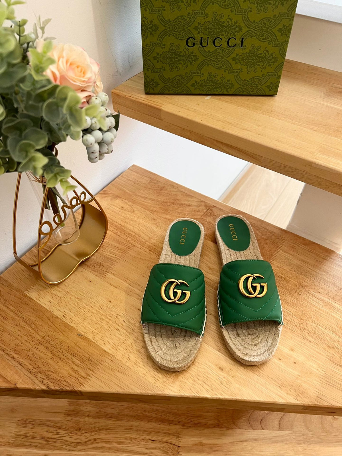 GG 26ss Slide Green Canvas Sheepskin 692201