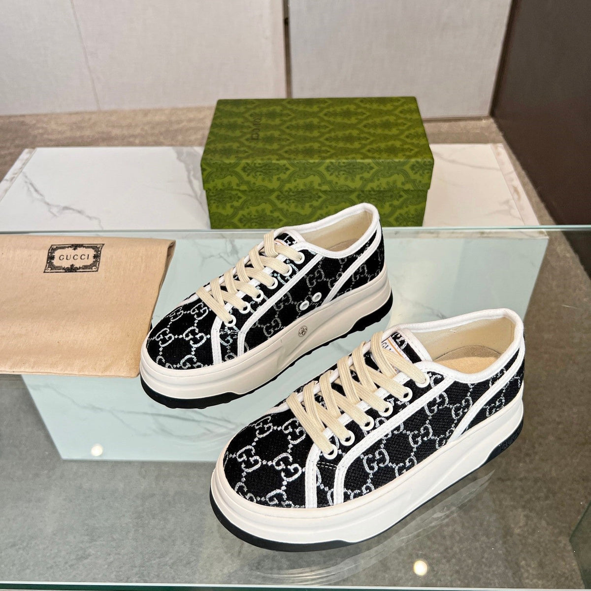 GG Low Top Sneakers 50mm Black White Monogram Canvas 457435