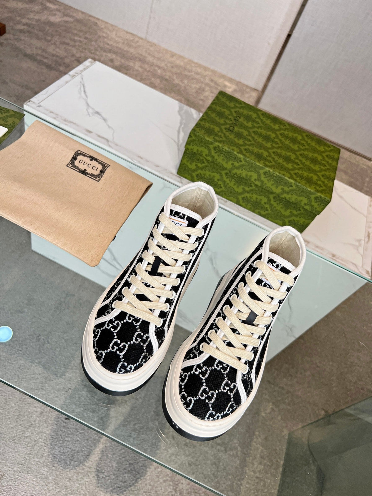 GG High Top Sneakers 50mm Black White Monogram Canvas 457434