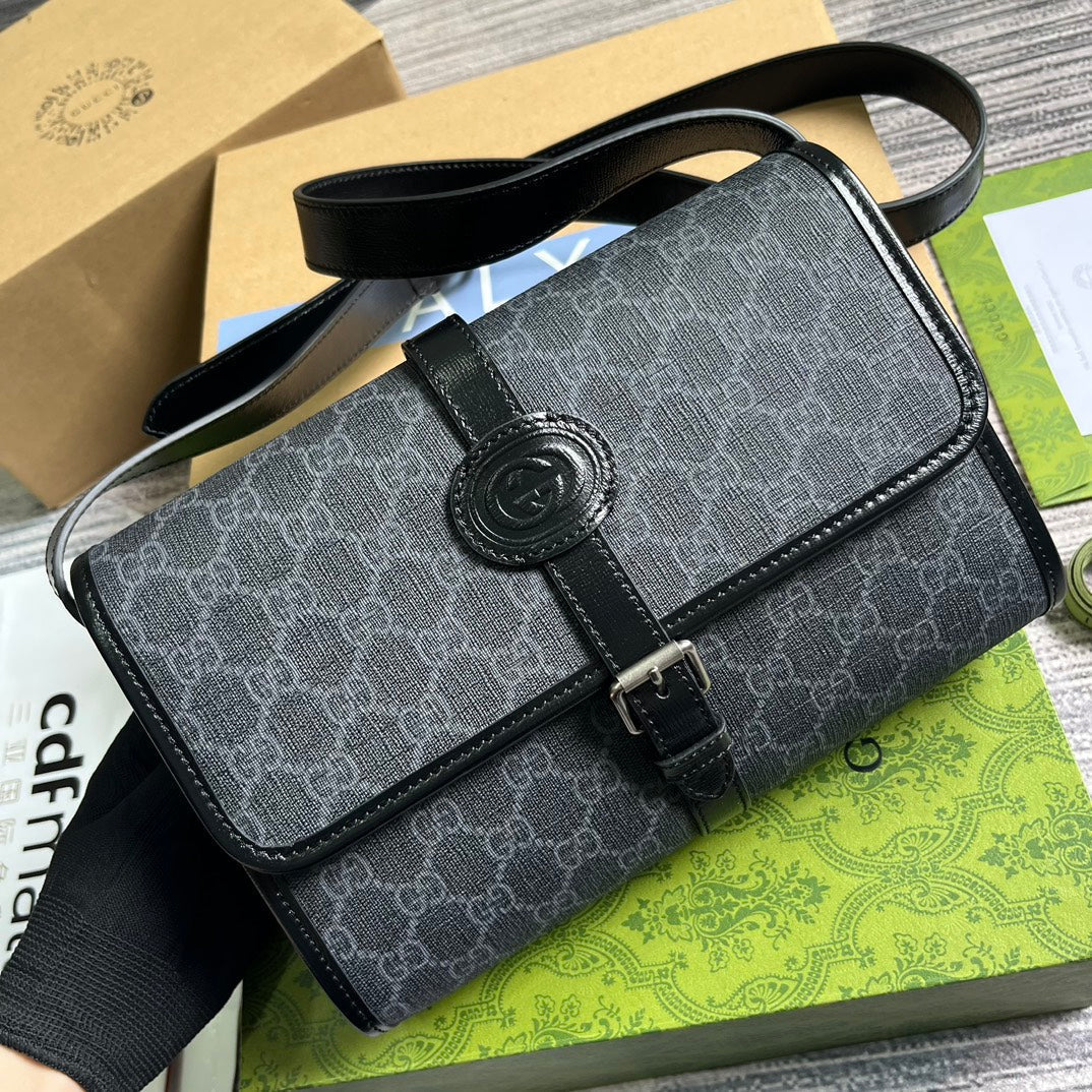 MESSENGER BAG 25 IN DARK GREY CANVAS ANG BLACK CALFSKIN