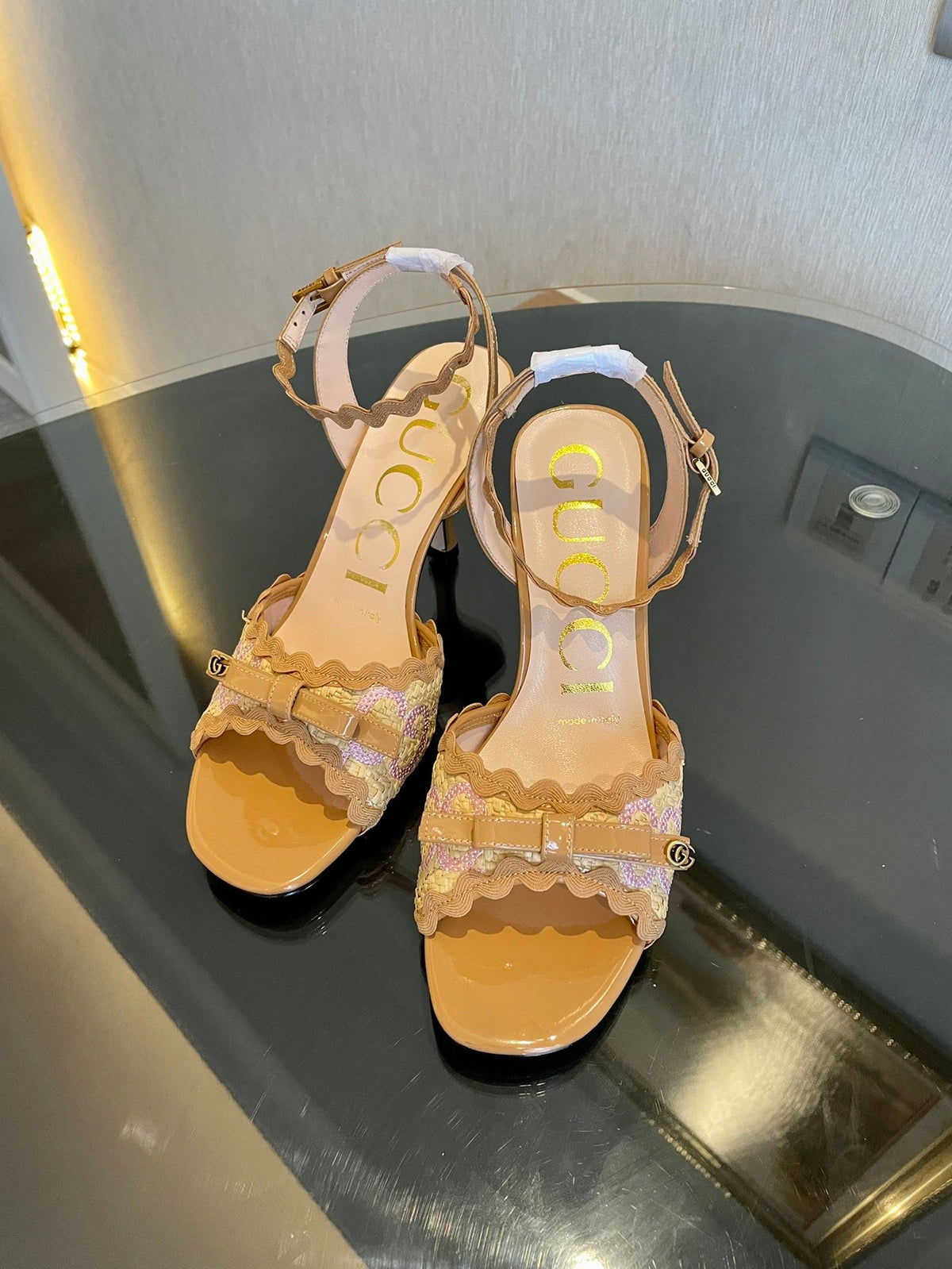 GG Kertu Heel Sandals 8cm Beige Raffia Leather 695682