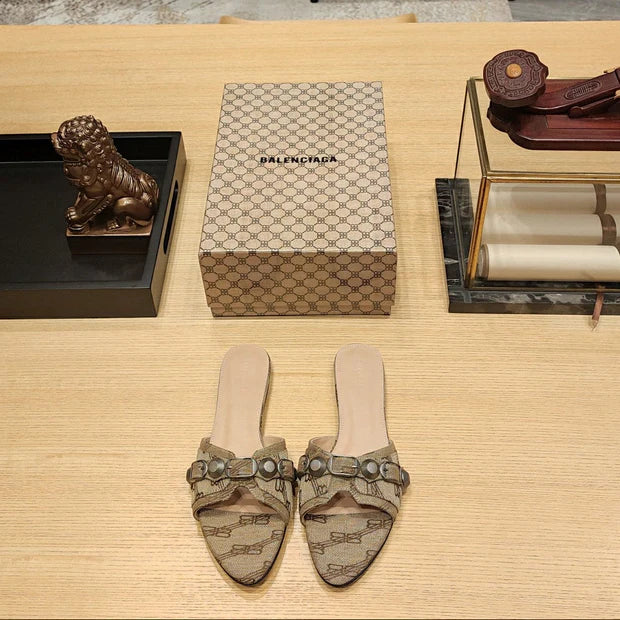 Balenciaga 26s Flat Slippers Light Brown Canvas Leather 681304