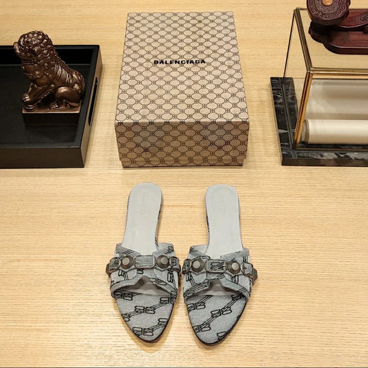Balenciaga 26s Flat Slippers Gray Canvas Leather 681305